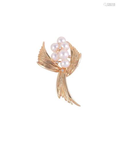 MIKIMOTO, A CULTURED PEARL AND DIAMOND BROOCH
