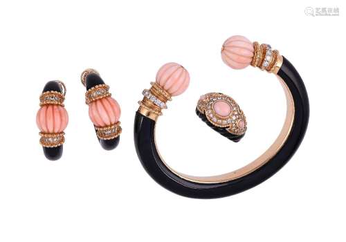 Y BOUCHERON, ONYX, CORAL AND DIAMOND BANGLE, RING AND EAR CL...