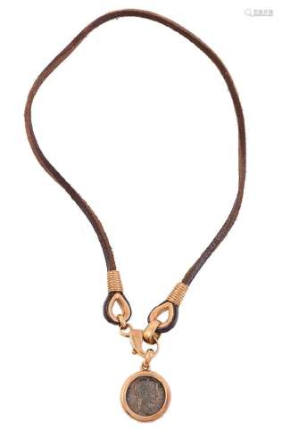 BULGARI, MONETE, AN ANTIQUE COIN, GOLD AND LEATHER NECKLACE,...