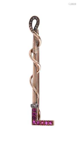 A LATE 19TH CENTURY RUBY AND DIAMOND RIDING CROP BROOCH, CIR...