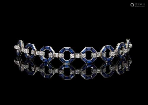 A 1930S FRENCH PLATINUM, SAPPHIRE AND DIAMOND BRACELET