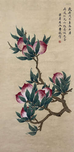 Chinese Peach Painting, Ink And Color On Silk, Hanging Scrol...