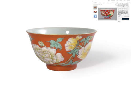 Famille Rose Red Ground Peony Bowl