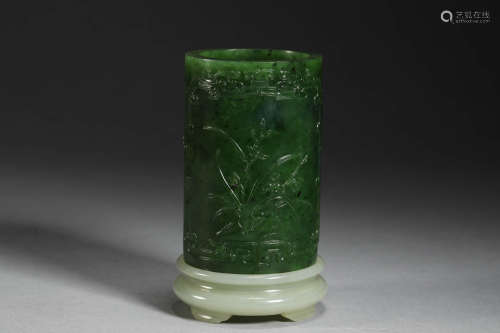 Spinach-Green Jade Brush Pot