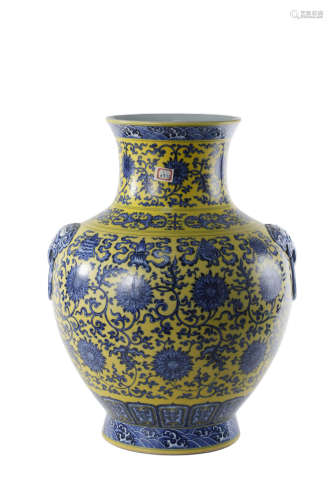 Yellow Ground Blue And White Interlocking Lotus Vase