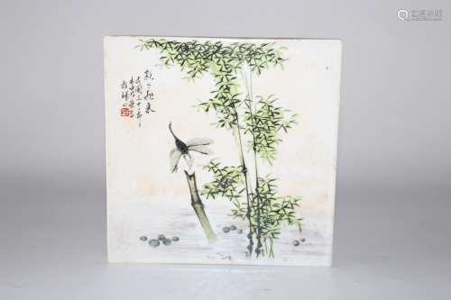 李明亮款蜻蜓竹林图瓷板画