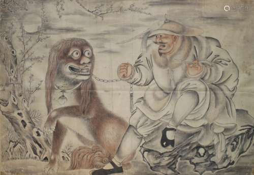 佚名古画《训狮图》相框