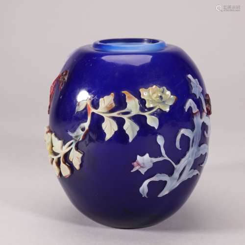 藍套多色玻璃花蝶紋罐