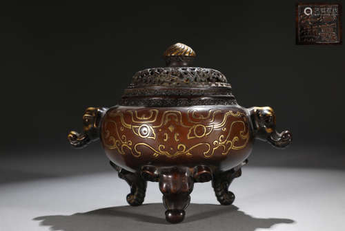 旧藏宣德精铸铜胎鎏金饕餮纹太平有象熏炉