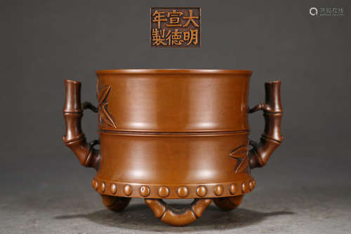 旧藏大明宣德精铸紫铜胎竹节耳筒式炉