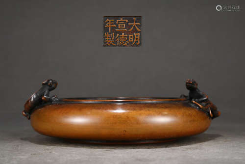 旧藏大明宣德精铸紫铜胎螭龙耳洗式炉