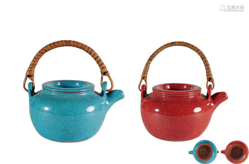 清代 樂錦石自製款 松石綠釉紫砂壺/珊瑚紅釉紫砂壺