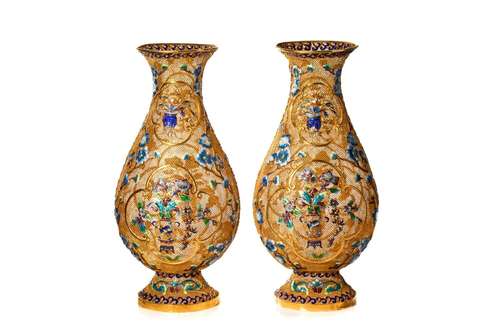 PAIR OF CHINESE ENAMELED GILT SILVER VERMEIL VASES