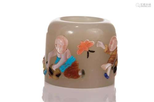 CHINESE JADE RING WITH STONE OF CHILDREN PLAYING
