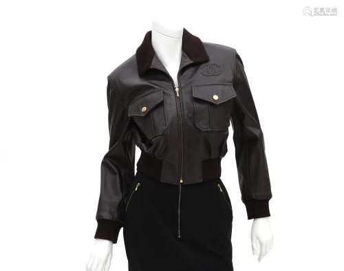 A Chanel Boutique leather bomber jacket with fabric collar. ...