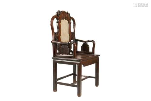 CHINESE CARVED HARDWOOD AND MARBLE ARMCHAIR