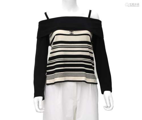 A Chanel Boutique off-shoulder white with black stripe patte...