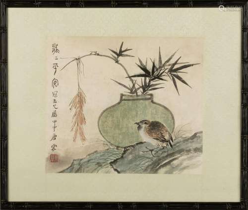 TANG YUN (1910-1993), BIRD, VASE, AND BAMBOO