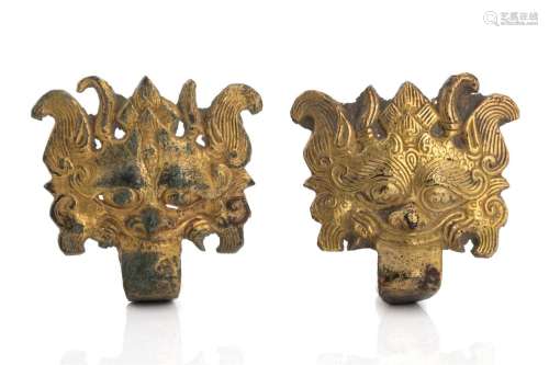 SMALL PAIR OF GILT-BRONZE BEAST MASK FITTINGS
