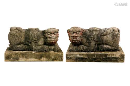 PAIR OF CHINESE CARVED STONE FU LIONS COLUMN BASE