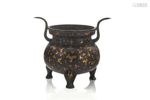 A CHINESE GOLD SPLASHED BRONZE TRIPOD CENSER