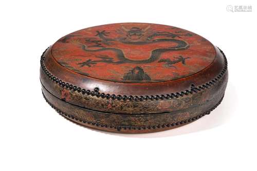 LARGE CHINESE PAINTED RED LACQUER DRAGON BOX