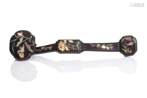 CHINESE ROSEWOOD RUYI SCEPTRE WITH STONE INLAY