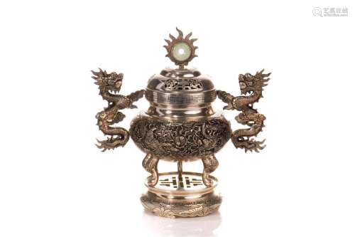 CHINESE COVERED SILVER CENSER ON ORIGINAL STAND