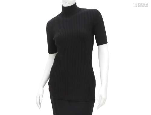 A black Chanel ribbed turtleneck sweater with short sleeves....