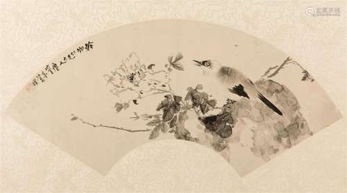 GE PU (QING), INK BIRD AND FLOWER FAN PAINTING