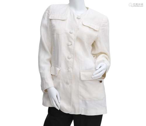 A white Hermès blazer in a soft herringbone pattern. It is a...