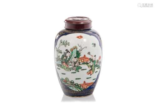 CHINESE BLUE GROUND PORCELAIN JAR WITH WOOD COVER