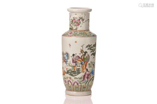 CHINESE FAMILLE ROSE PORCELAIN ROULEAU VASE