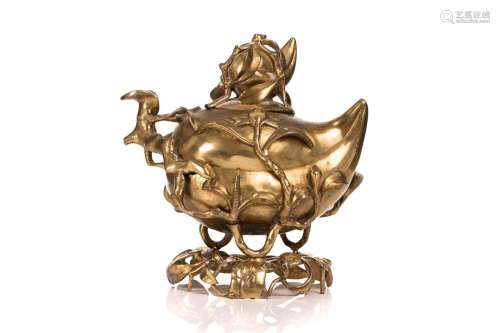 CHINESE BRASS CENSER AS A PEACH ON MATCHED STAND