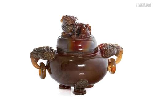 A CHINESE AGATE CARVED CENSER WITH FU LION FINIAL