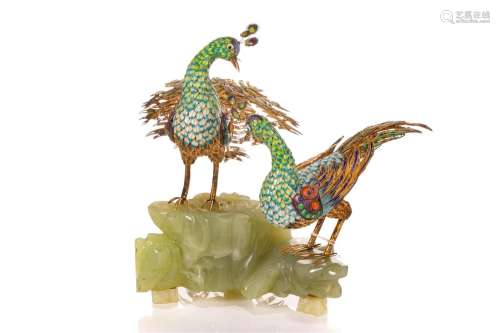 A CHINESE EXPORT FILIGREE ENAMEL PEACOCK COUPLE