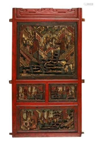 CHINESE GILT AND LACQUERED CARVED WOOD PANEL