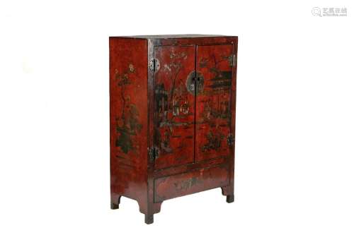 CHINESE RED LAQUER LANDSCAPE TWO DOOR CABINET