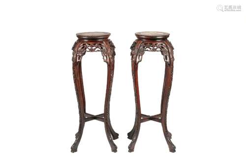 PAIR OF CHINESE WOOD AND MARBLE STANDS