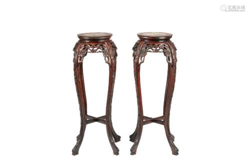 PAIR OF CHINESE WOOD AND MARBLE STANDS
