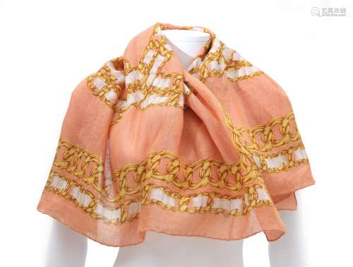 A Chanel Linen scarf with chain patern pressed on fine salmo...