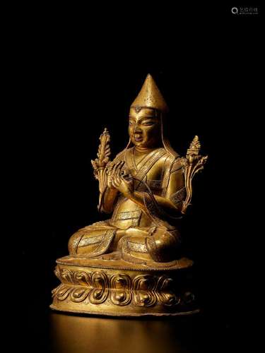 A GILT COPPER ALLOY FIGURE OF TSONGKHAPA  TIBET, 16TH CENTUR...