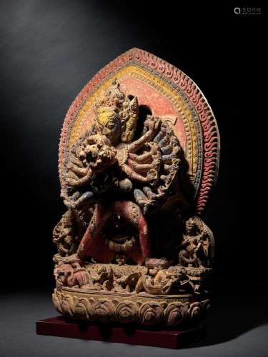 A POLYCHROME WOOD FIGURE OF KALACHAKRA AND VISVAMATA NEPAL, ...