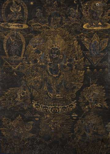 A BLACK GROUND THANGKA OF SHADBHUJA MAHAKALA TIBET, 19TH CEN...