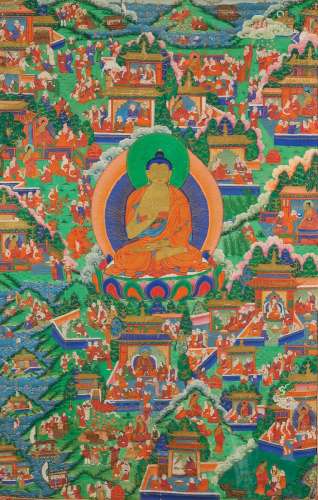 A THANGKA OF SCENES FROM THE PAST LIVES OF SHAKYAMUNI BUDDHA...