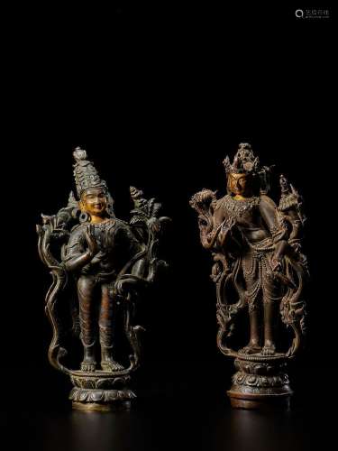 TWO COPPER ALLOY FIGURES OF MAITREYA AND A BODHISATTVA  QING...