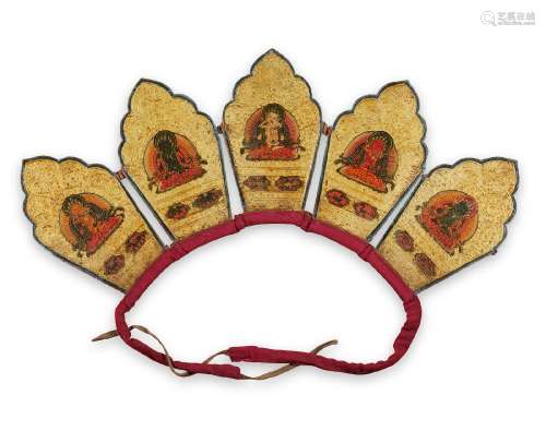 A PAINTED LEATHER RITUAL CROWN WITH THE FIVE PRESIDING BUDDH...