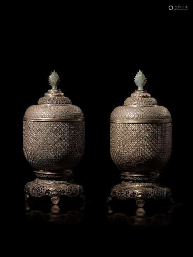 A PAIR OF JADE MOUNTED SILVER AND SILVERED COPPER JARS MONGO...