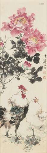 WANG XUETAO (1903-1982)  Rooster and Hen under Peony Blossom