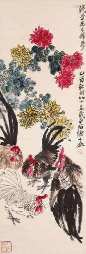 QI BAISHI (1864-1957)     Roosters under Chrysanthemum